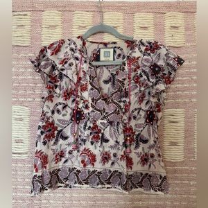 Bell ruffle sleeve tank style silk blend blouse. Beaded artisan tassels. SZ S.